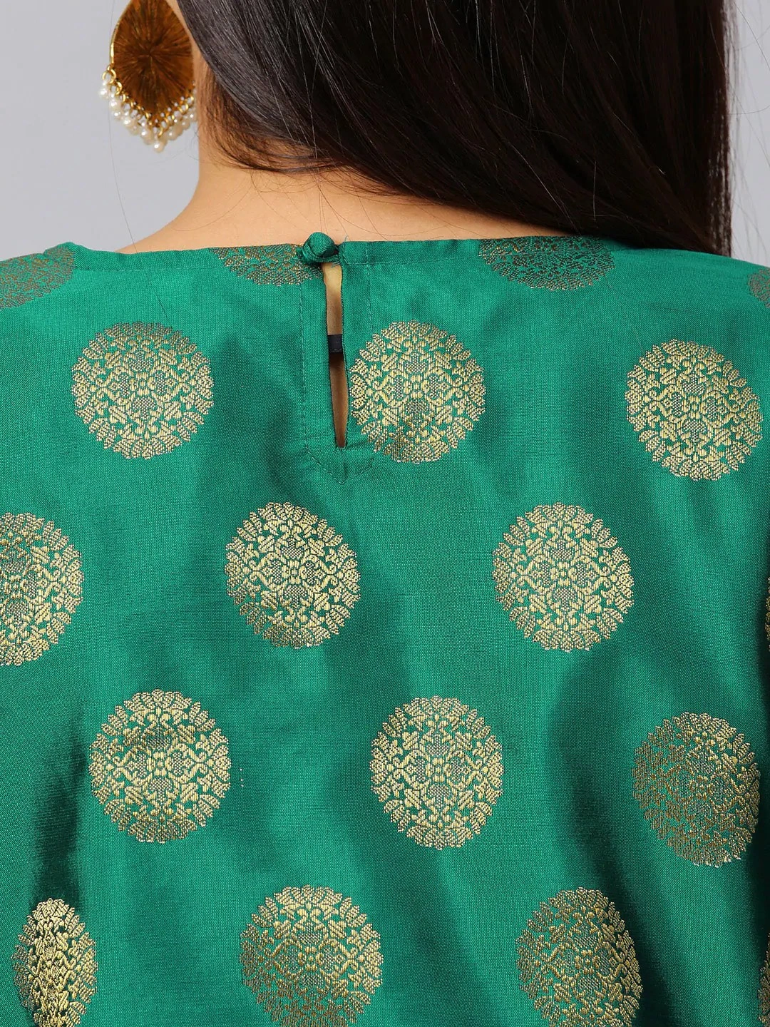 Bhama Couture Women Green &amp; Golden Woven Design Silk Straight Kurti-M-3