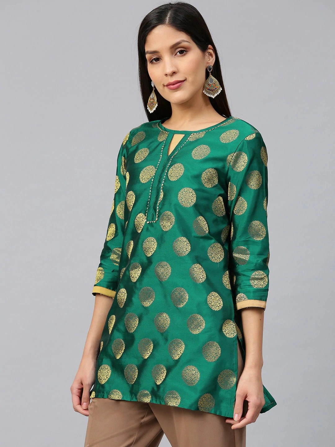 Bhama Couture Women Green &amp; Golden Woven Design Silk Straight Kurti-S-1