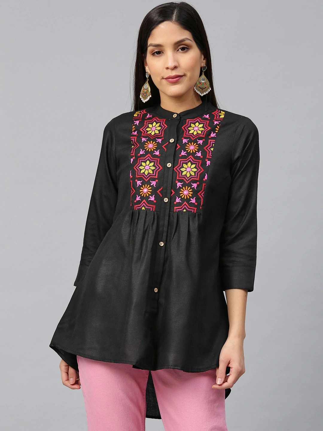 Bhama Couture Women Black &amp; Pink Yoke Design High-Low Kurti-TUN059_L