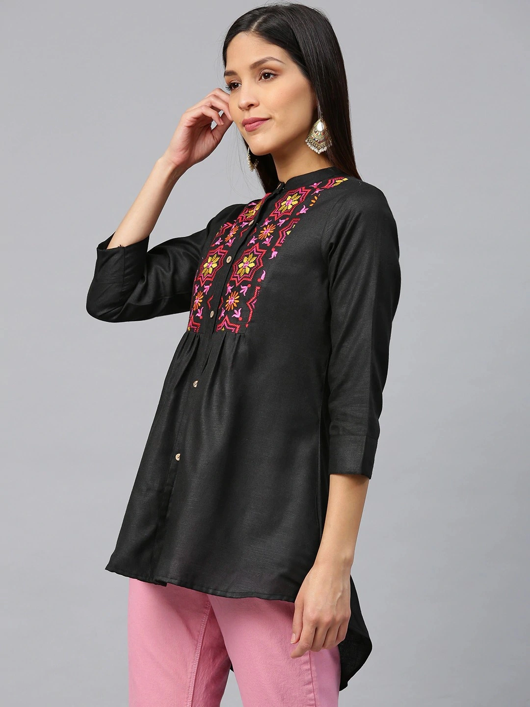 Bhama Couture Women Black &amp; Pink Yoke Design High-Low Kurti-L-1