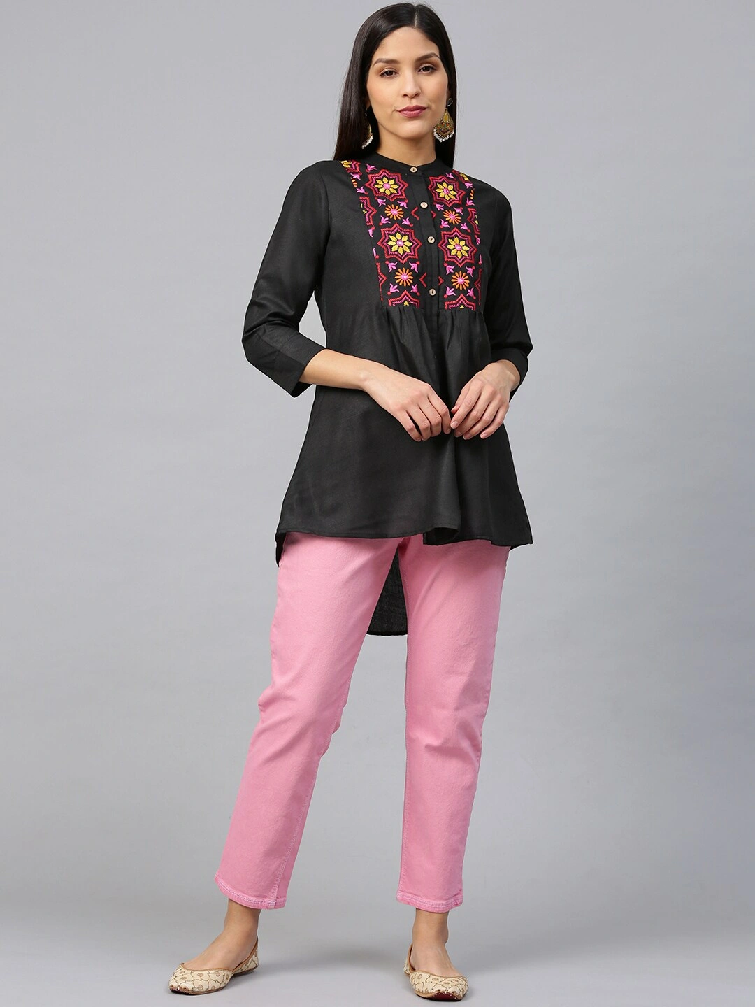 Bhama Couture Women Black &amp; Pink Yoke Design High-Low Kurti-L-4