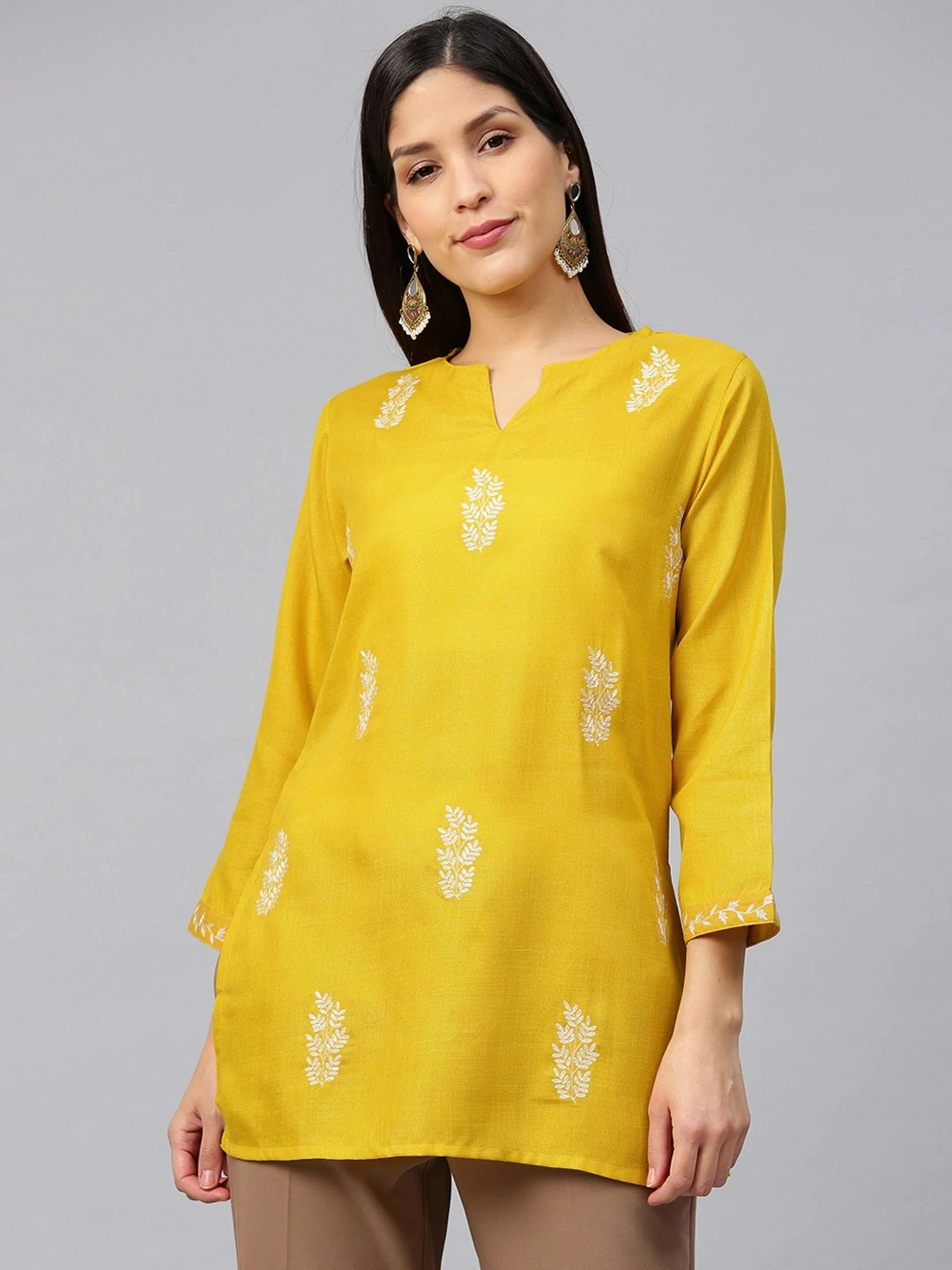 Bhama Couture Women Mustard Yellow &amp; Off-White Embroidered Straight Kurti-TUN062_L