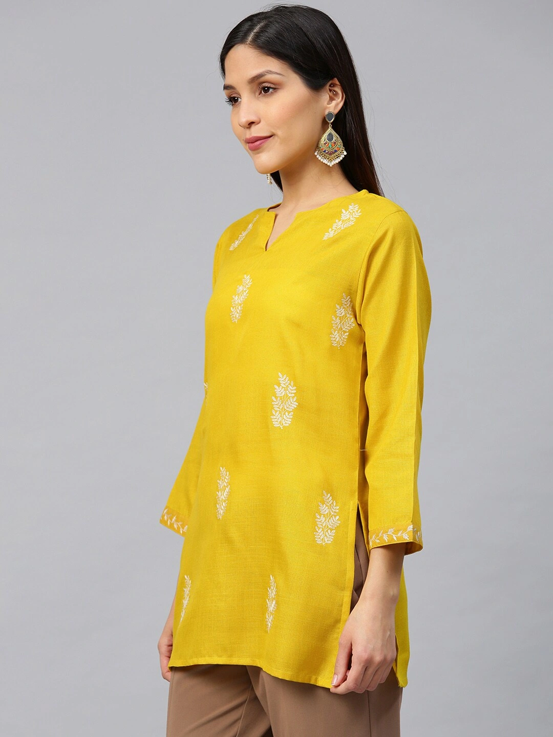 Bhama Couture Women Mustard Yellow &amp; Off-White Embroidered Straight Kurti-M-1