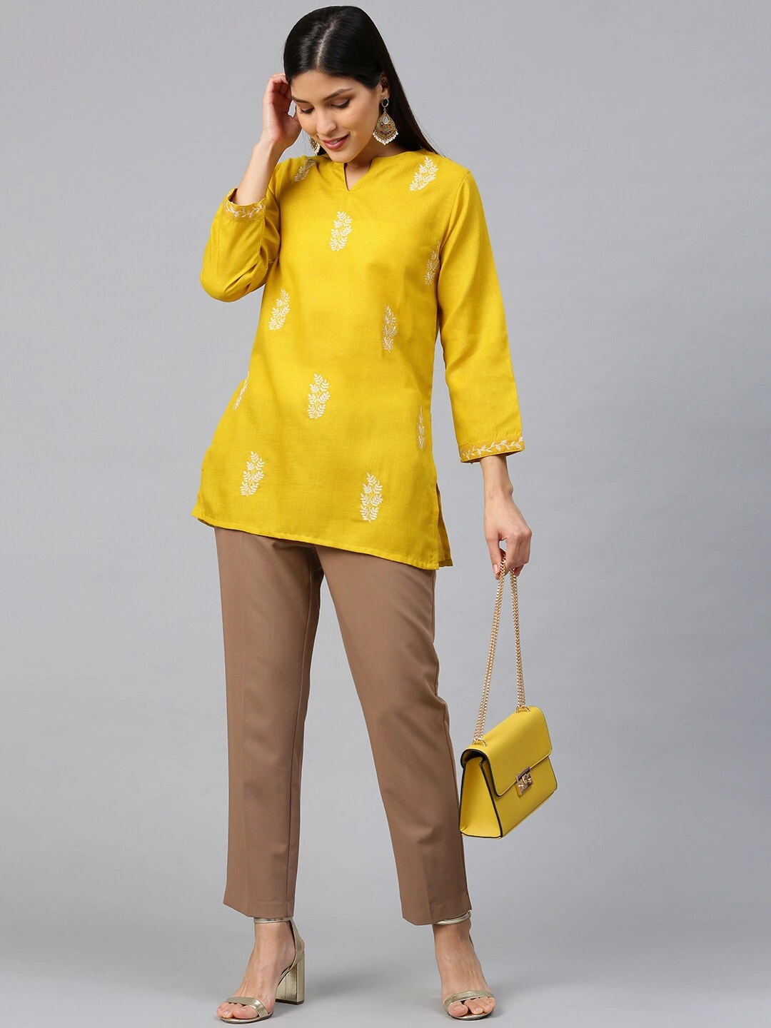 Bhama Couture Women Mustard Yellow &amp; Off-White Embroidered Straight Kurti-XL-4