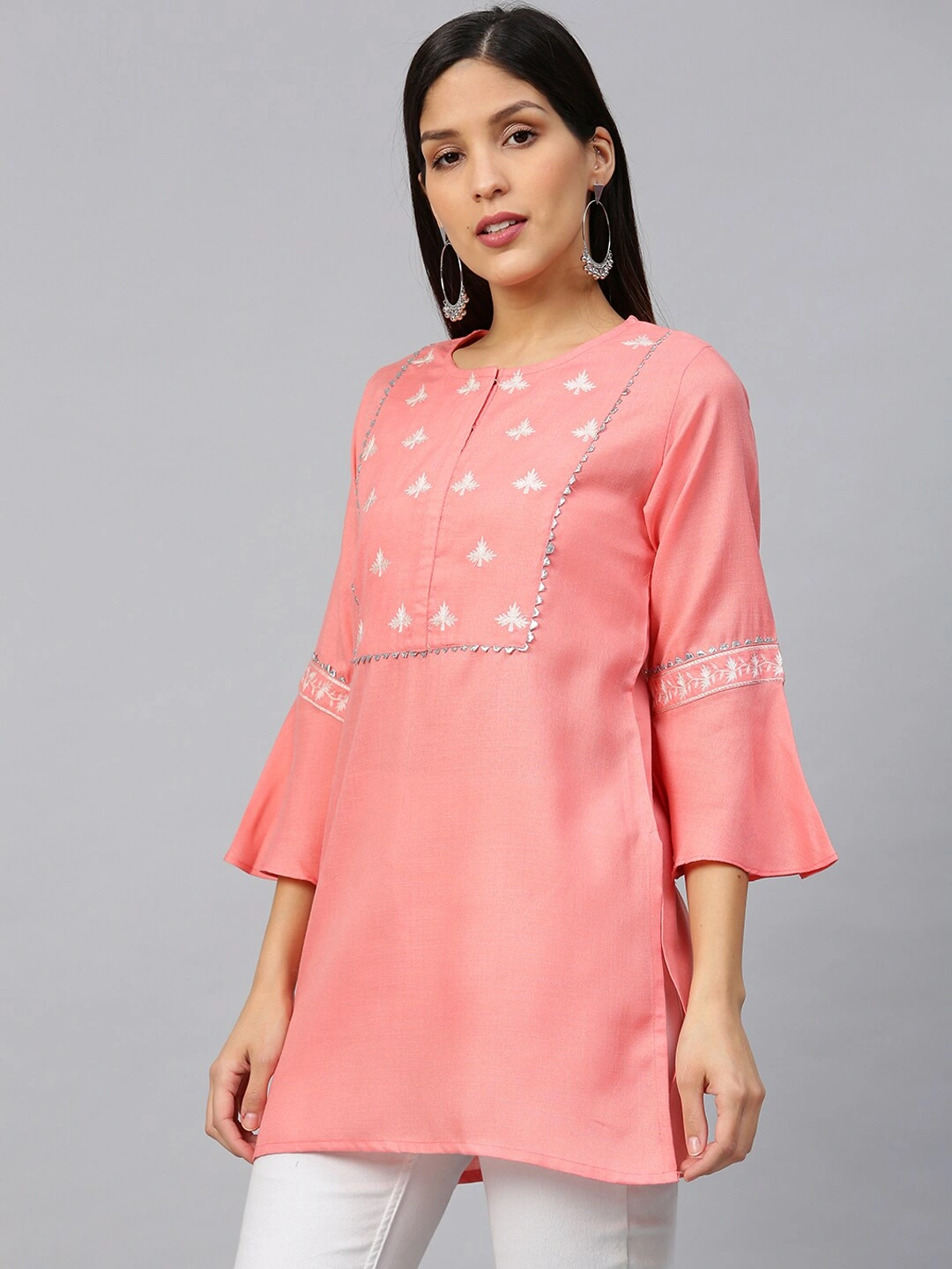 Bhama Couture Women Coral Pink &amp; Off-White Yoke Design Straight Kurti-L-1