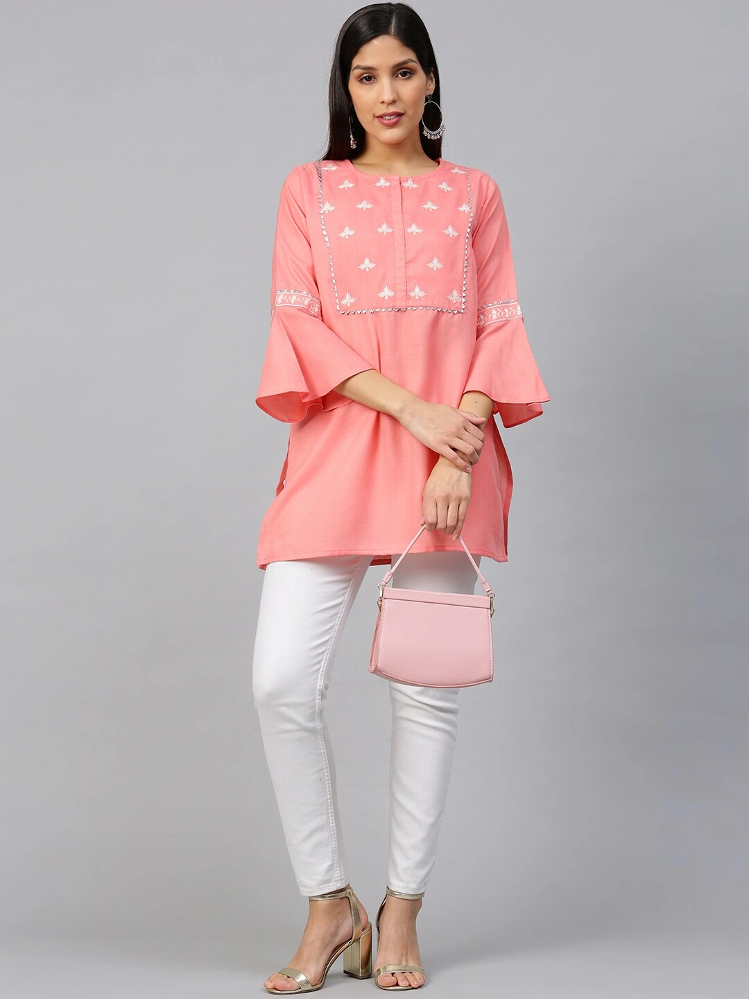 Bhama Couture Women Coral Pink &amp; Off-White Yoke Design Straight Kurti-L-5