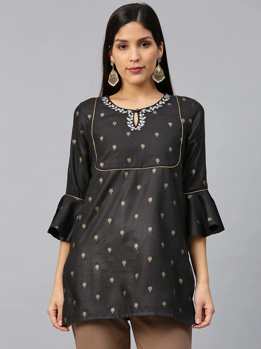 Bhama Couture Women Black &amp; Golden Printed Straight Kurti-TUN064_M