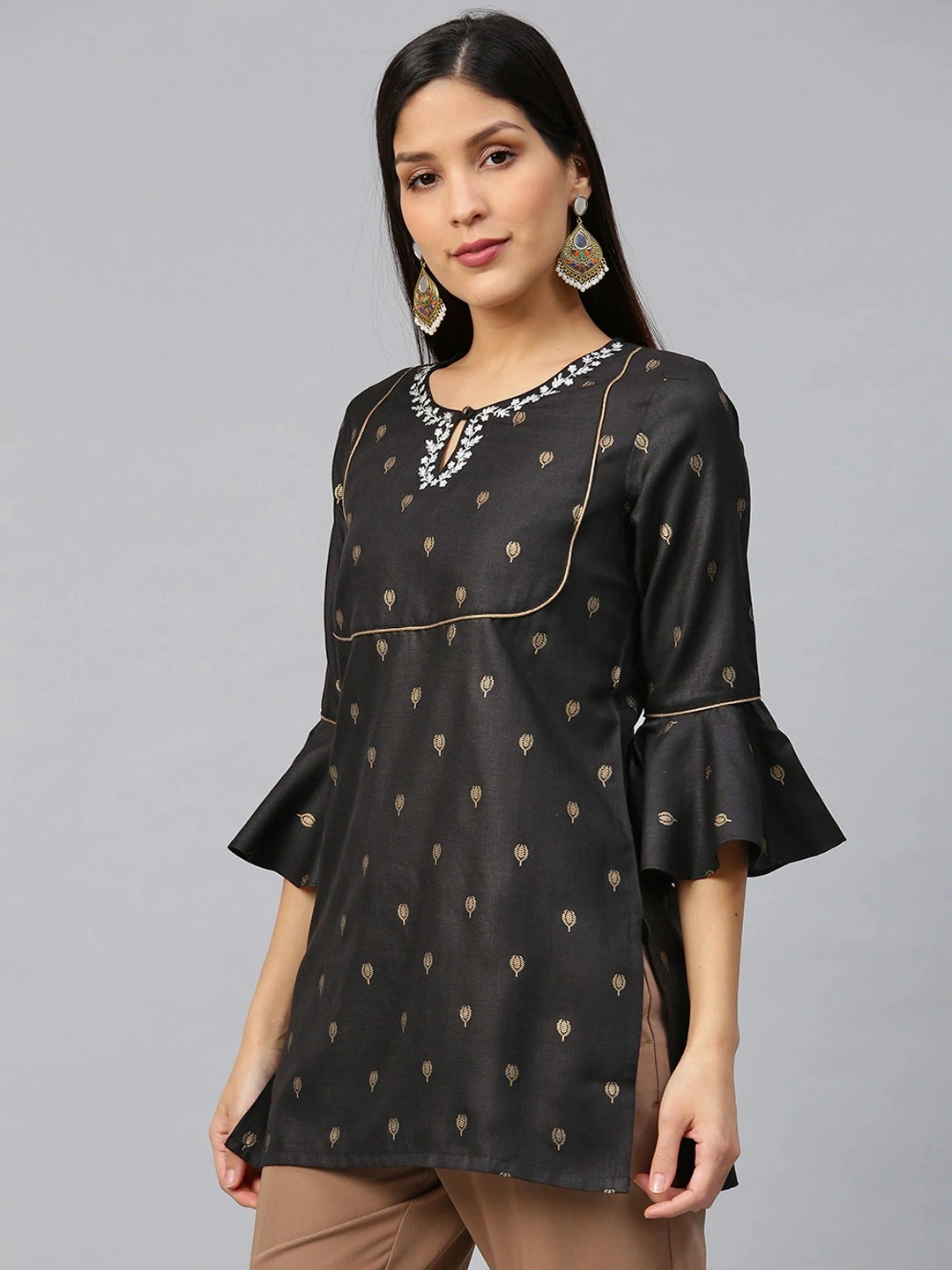 Bhama Couture Women Black &amp; Golden Printed Straight Kurti-M-1