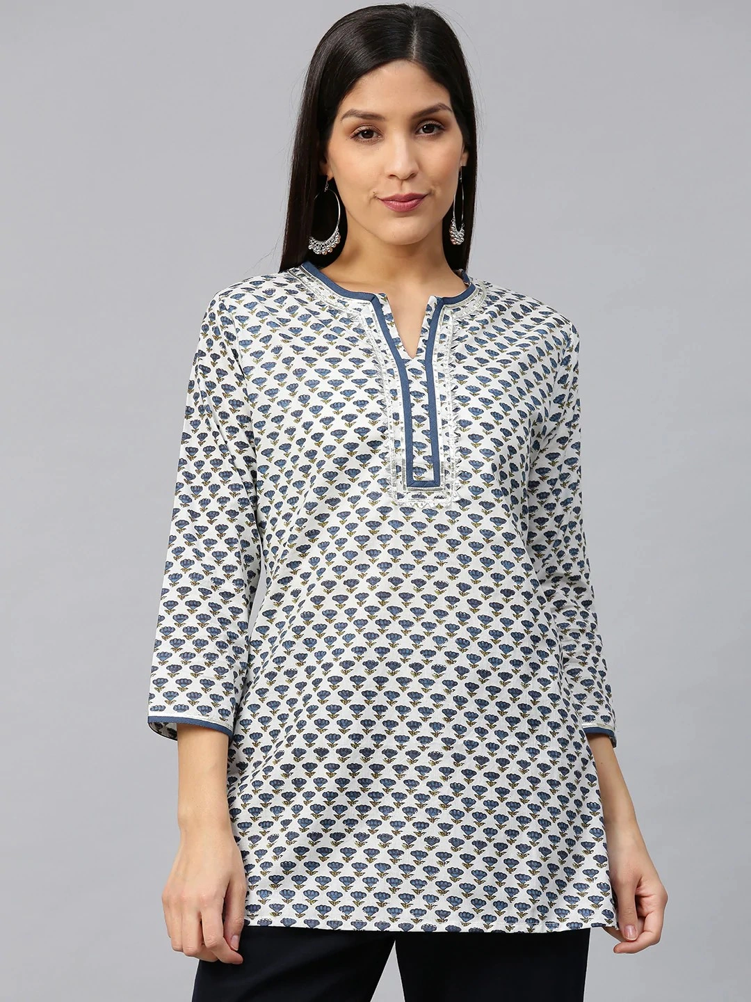 Bhama Couture Women White &amp; Navy Blue Printed Straight Kurti-TUN066_M