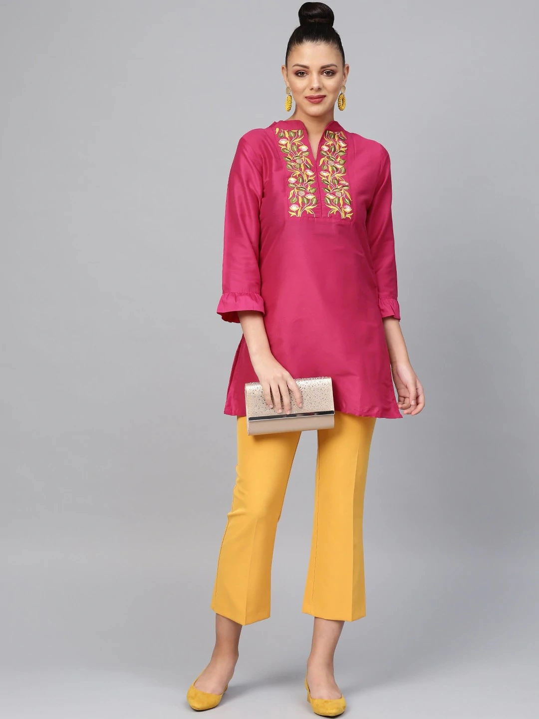 Bhama Couture Women Pink Yoke Design A-Line Kurti-S-4