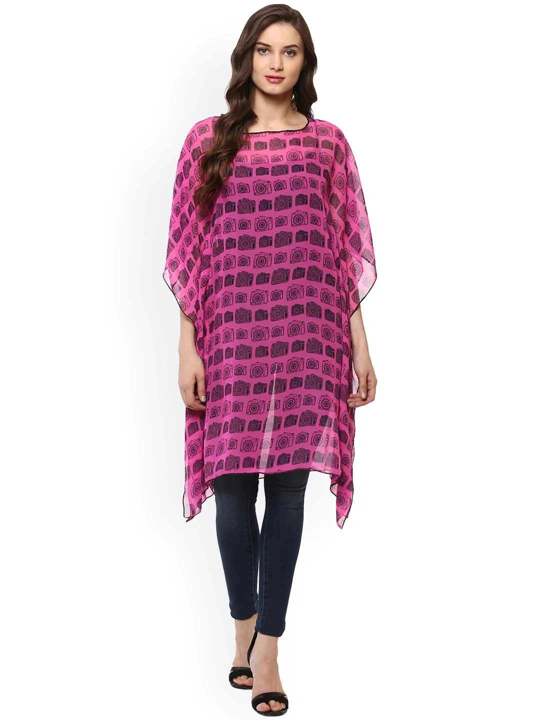 Bhama Couture Pink Printed Semi-Sheer Kaftan Tunic-KAF002_M