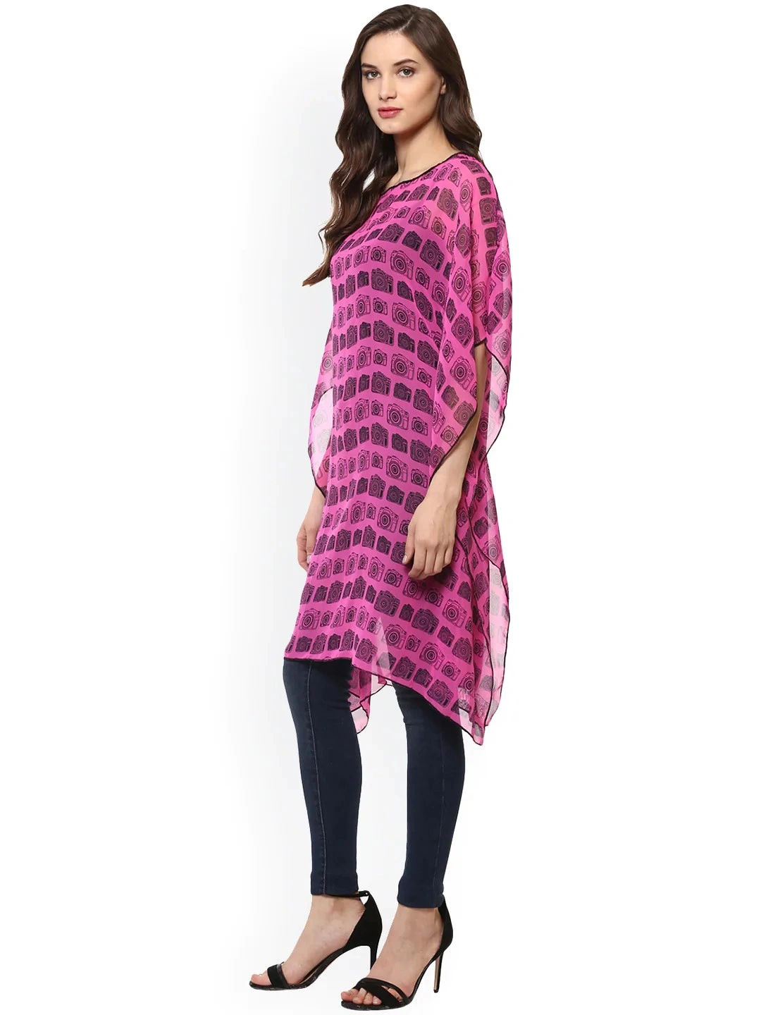 Bhama Couture Pink Printed Semi-Sheer Kaftan Tunic-M-1