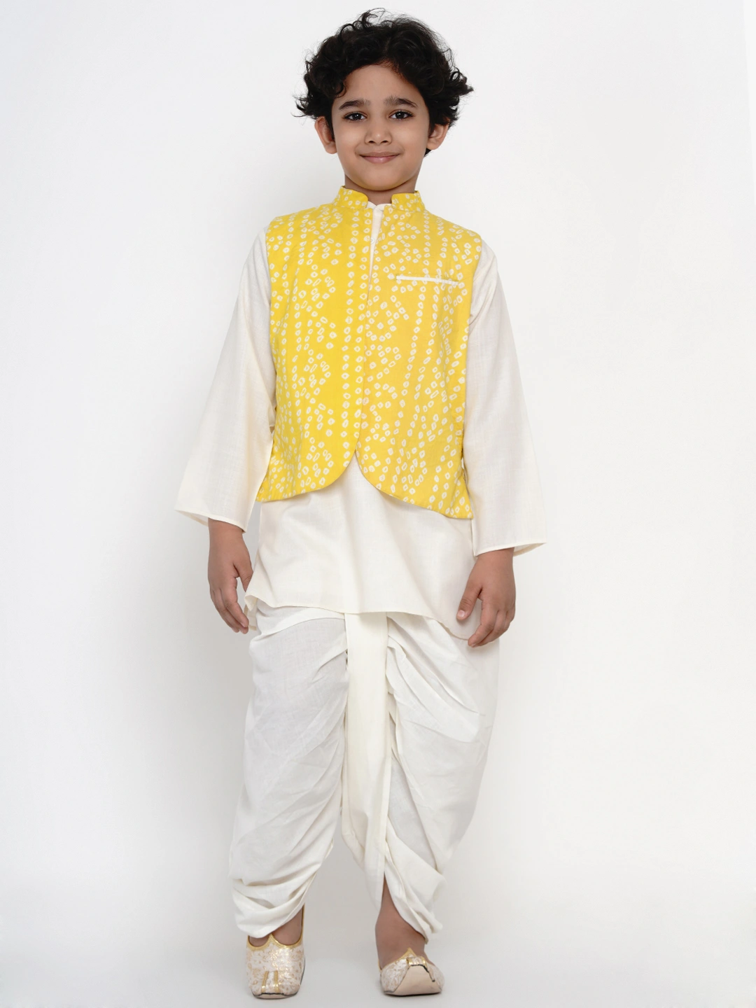 BITTU BY BHAMA YELLOW AND WHITE BANDHEJ PRINTED NEHRU JACKET-BTJ02_3-4Y