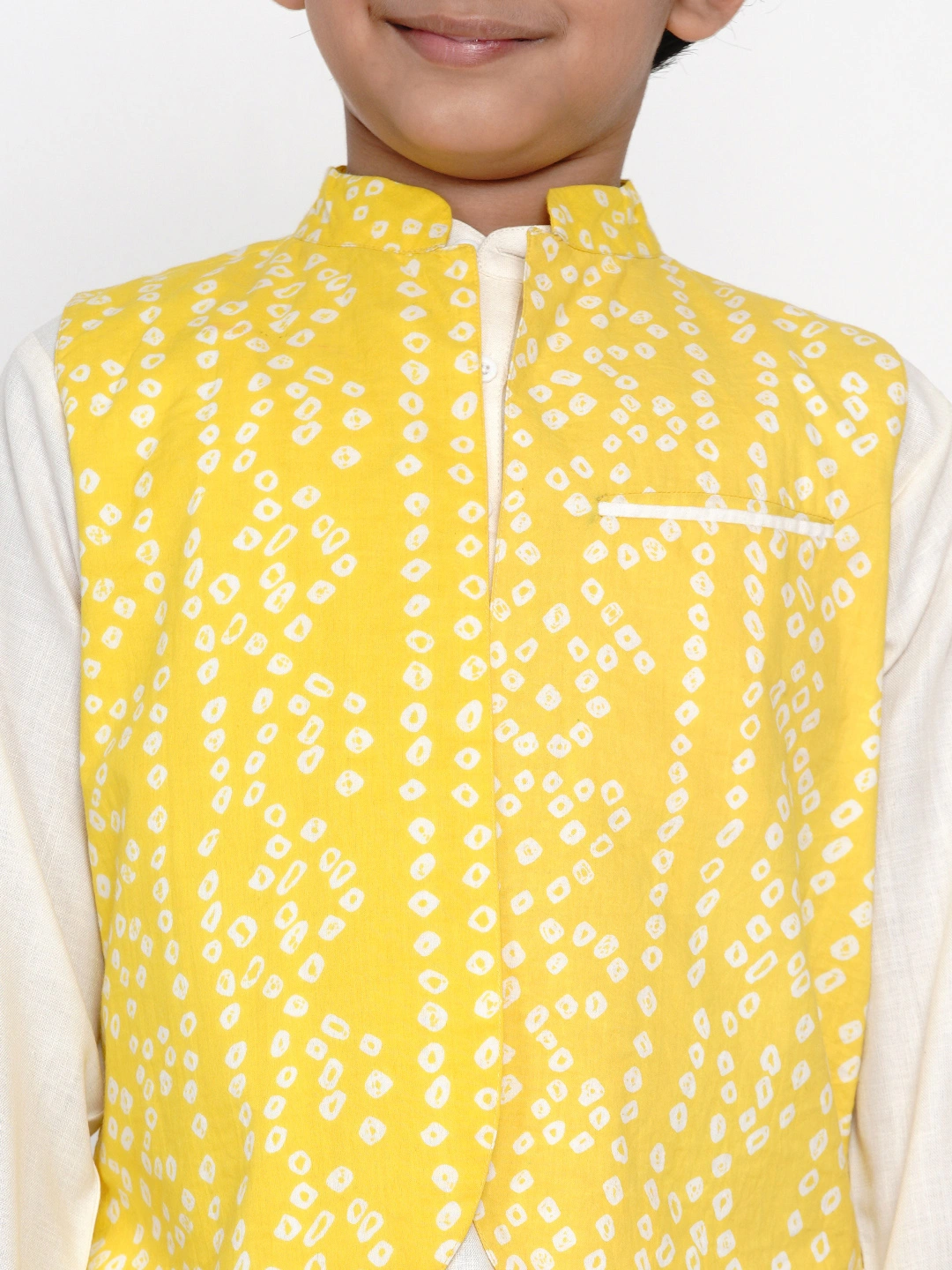 BITTU BY BHAMA YELLOW AND WHITE BANDHEJ PRINTED NEHRU JACKET-3-4Y-1