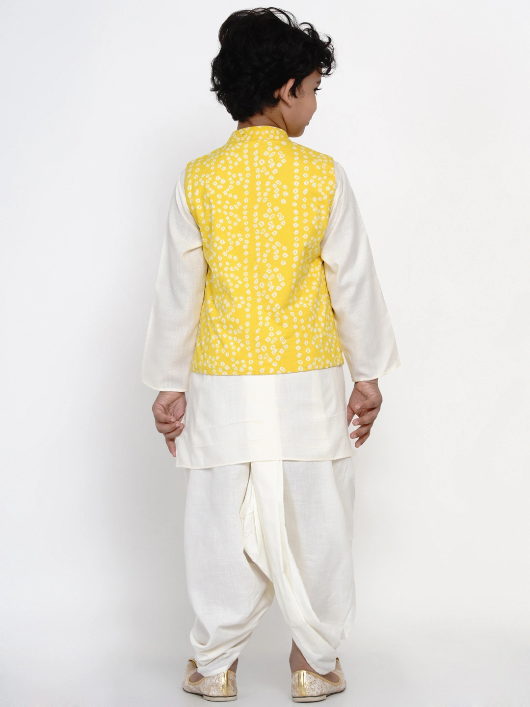 BITTU BY BHAMA YELLOW AND WHITE BANDHEJ PRINTED NEHRU JACKET-3-4Y-4