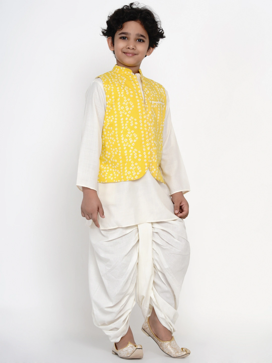 BITTU BY BHAMA YELLOW AND WHITE BANDHEJ PRINTED NEHRU JACKET-4-5Y-2