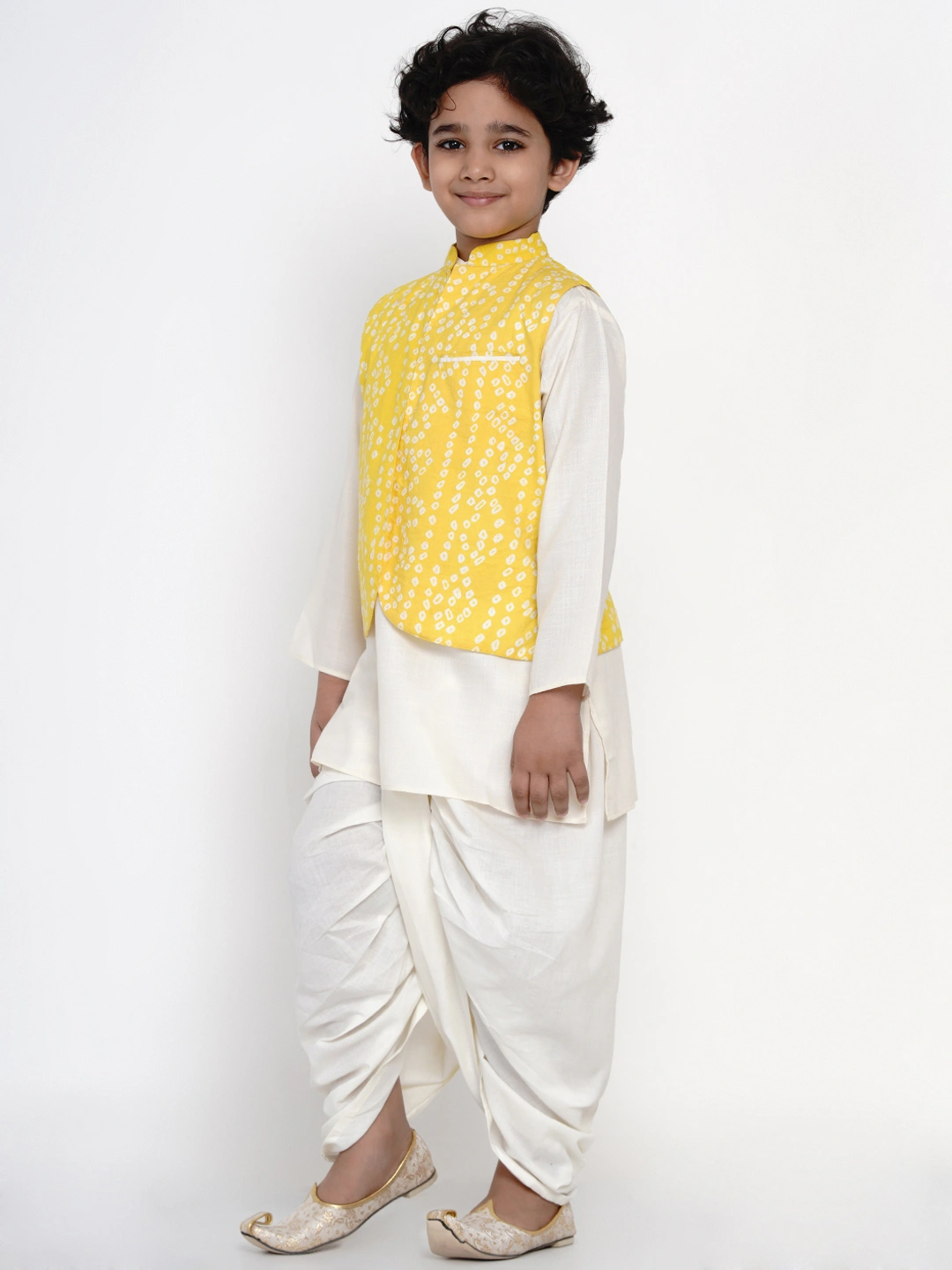 BITTU BY BHAMA YELLOW AND WHITE BANDHEJ PRINTED NEHRU JACKET-4-5Y-3