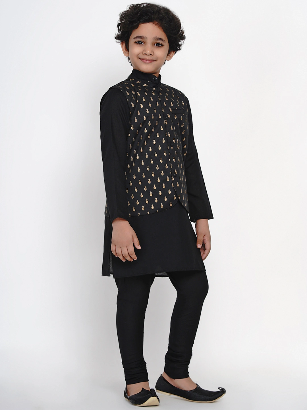 BITTU BY BHAMA BLACK AND GOLD PRINTED NEHRU JACKET-3-4Y-2