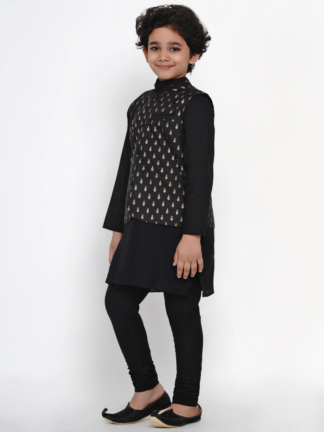 BITTU BY BHAMA BLACK AND GOLD PRINTED NEHRU JACKET-3-4Y-3