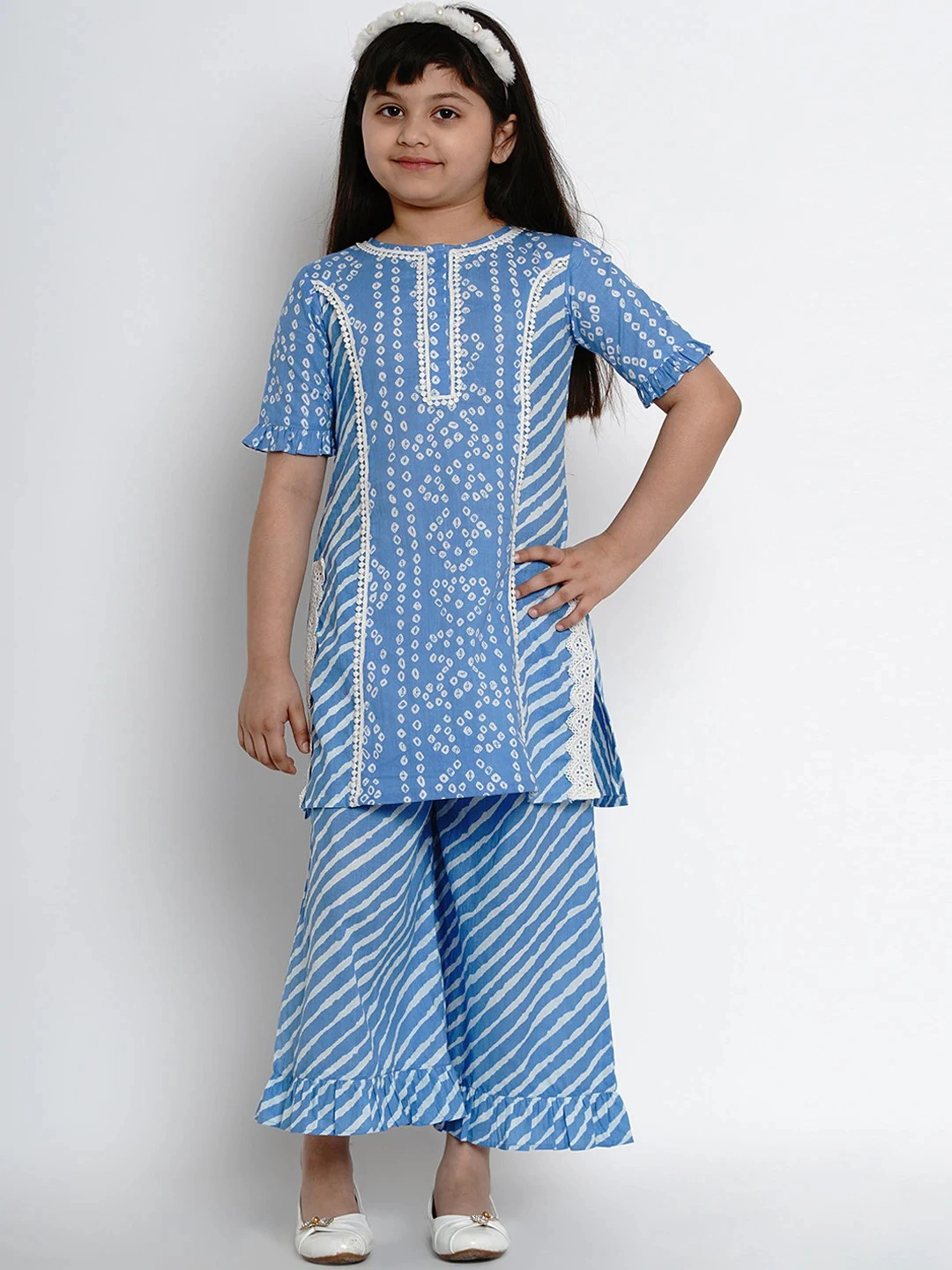 Bitiya by Bhama Girls Blue &amp; White Striped Kurta with Palazzos-BBB090_3-4Y