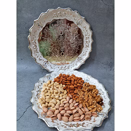 homez decor german silver pooja plate | handcrafted white metal plate thali with stones | ideal for puja, festivals, wedding, function & home decoration | premium german silver gift item -10 inches