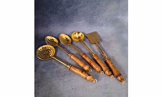 Homez Decor Designer Brass Serving Spoons 5 Pieces Set - Brass Kitchen Ladles with Wooden Handle Set of 5 Pcs.