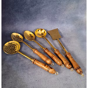 Homez Decor Designer Brass Serving Spoons 5 Pieces Set - Brass Kitchen Ladles with Wooden Handle Set of 5 Pcs.