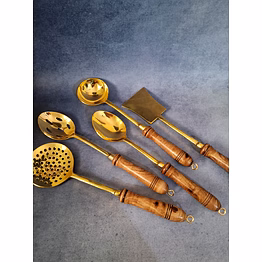 homez decor designer brass serving spoons 5 pieces set - brass kitchen ladles with wooden handle set of 5 pcs.