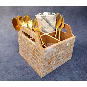 Homez Decor Mother of Pearl Handcrafted Wooden Cutlery Holder | Spoon, Fork, Knife & Tissue Organizer | Multipurpose Stand for Kitchen, Dining Table & Countertop | Tabletop Storage (6x6x5 Inches)