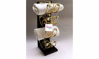 Homez Decor Designer Wooden Hand & Face Towel Holder for Bathroom| Napkin Holder for Washbasin, Guests Towel Organizer Rack Tray Shelves with Metal Curves (Brown & Golden with Stones) -16"