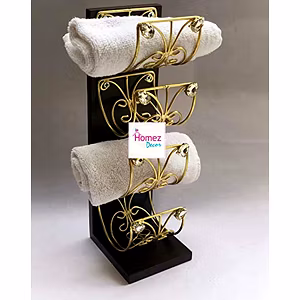 Homez Decor Designer Wooden Hand & Face Towel Holder for Bathroom| Napkin Holder for Washbasin, Guests Towel Organizer Rack Tray Shelves with Metal Curves (Brown & Golden with Stones) -16"
