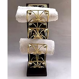 homez decor designer wooden hand & face towel holder for bathroom| napkin holder for washbasin, guests towel organizer rack tray shelves with metal curves (brown & golden with stones) -16"