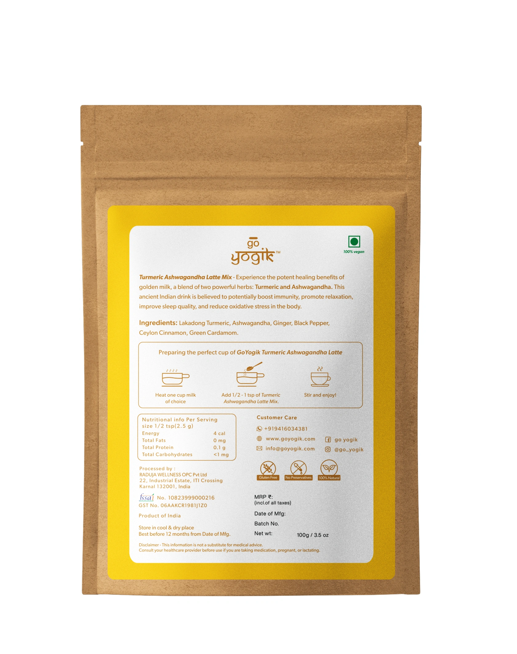 Go-Yogik Golden Turmeric Milk blend with Ashwagandha Ginger Ceylon Cinnamon 100g (50 servings). Caffiene Free, Gluten Free, Vegan, No sugar, no Additives.-8