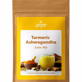 go-yogik golden turmeric milk blend with ashwagandha ginger ceylon cinnamon 100g (50 servings). caffiene free, gluten free, vegan, no sugar, no additives.