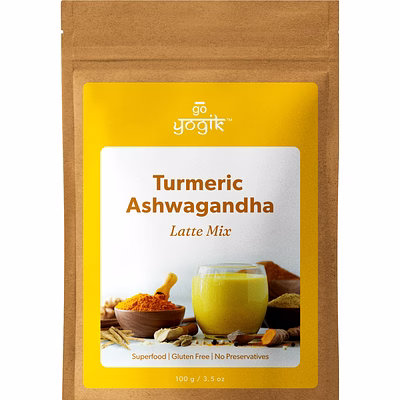 go-yogik golden turmeric milk blend with ashwagandha ginger ceylon cinnamon 100g (50 servings). caffiene free, gluten free, vegan, no sugar, no additives.