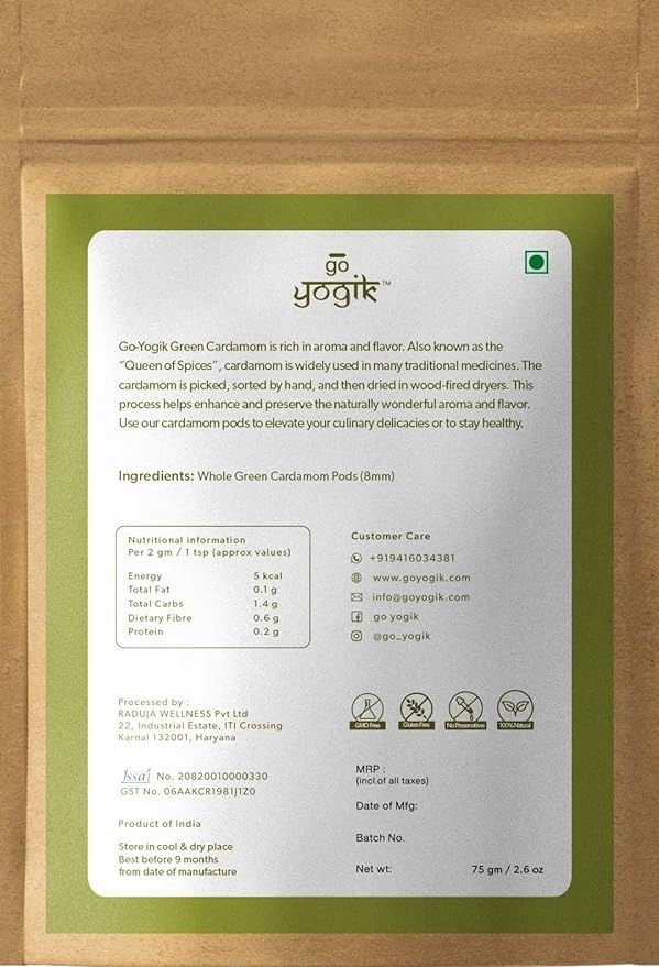 Go-Yogik Green Cardamom pod |Premium Bold quality - 8mm | 75g/2.6Oz | Wellness Gift-5