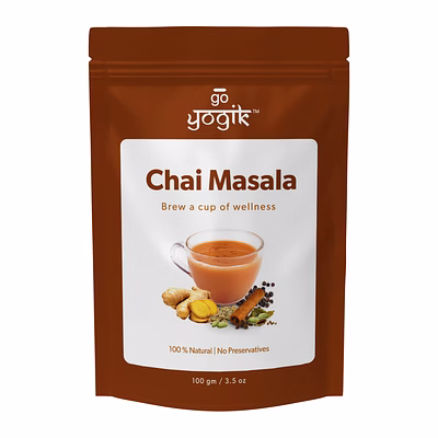 go-yogik chai tea masala spice powder[ 100g-(80 cups] authentic blend of ginger cinnamon cardamom- caffeine free, vegan, unsweetened, no tea leaf