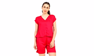 Women’s Modal Satin Night Suit – 2PC Soft Shirt & Shorts Sleepwear