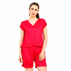 Women’s Modal Satin Night Suit – 2PC Soft Shirt & Shorts Sleepwear