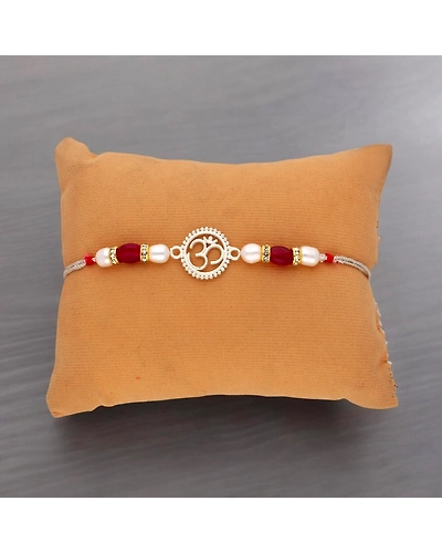 Sacred Om Designer Silver Rakhi-White-1