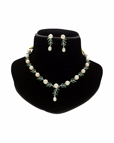 Leafy Blossom Pearl Necklace Set-White-1