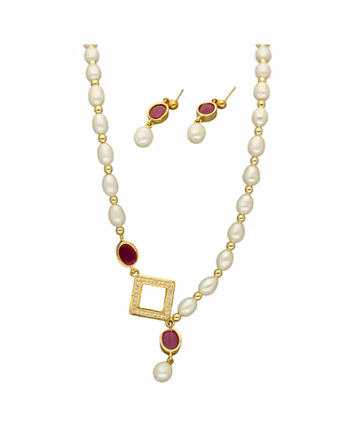 Celestia Crest Pearl Necklace Set-White-2