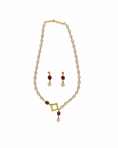 Celestia Crest Pearl Necklace Set-White-3
