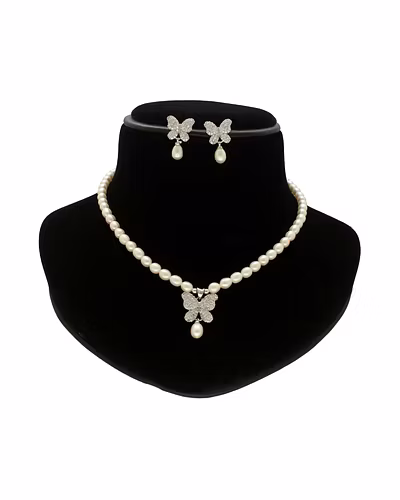 Charming Butterfly Pearl Necklace Set-White-1