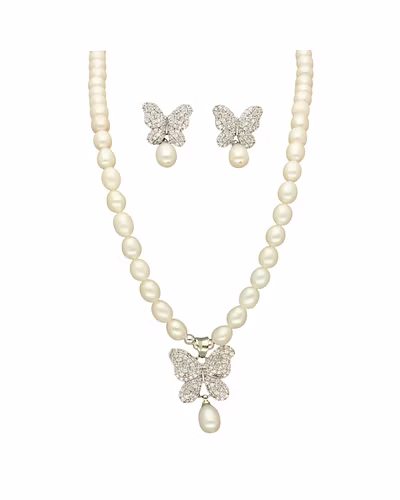 Charming Butterfly Pearl Necklace Set-White-2