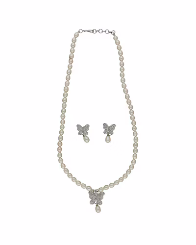 Charming Butterfly Pearl Necklace Set-White-3