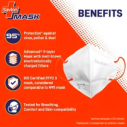 Savlon Mask | BIS Certified FFP2 S Mask (comparable to N95)| Ear-loop model with Head-Band Converter Strip