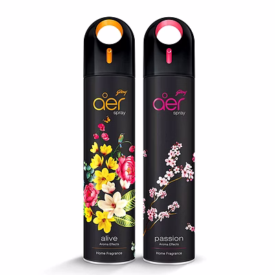 godrej aer spray, premium air freshener - passion & alive (pack of 2, 240 ml each)