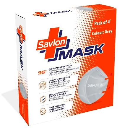 Savlon Mask, Adjustable Ear loop Grey, BIS Certified FFP2 S Mask, comparable to N95, Pack of 4-Grey