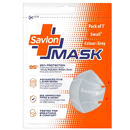 Savlon Mask - Small |Singles Pack | BIS Certified FFP2 S Mask (comparable to N95)| Ear-loop|Grey (with adjustable slider)-Grey1